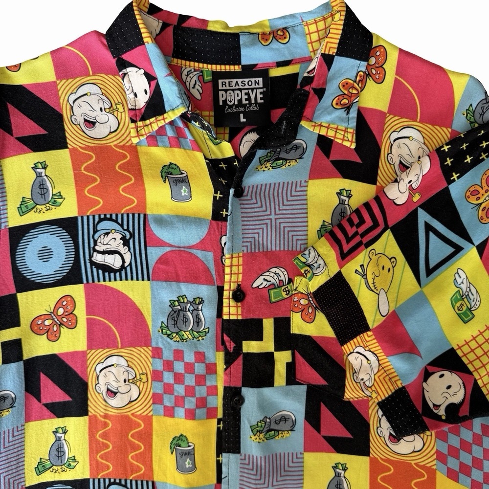 Reason x Popeye Button Up Shirt L Colorful Pop Art Cartoon Novelty Streetwear